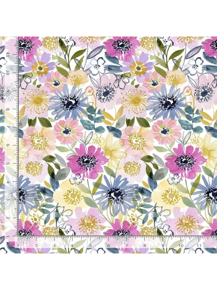 Vibrant watercolor fabric pattern with magenta, purple, and yellow wildflowers and green leaves on a white background, rulers added for reference.