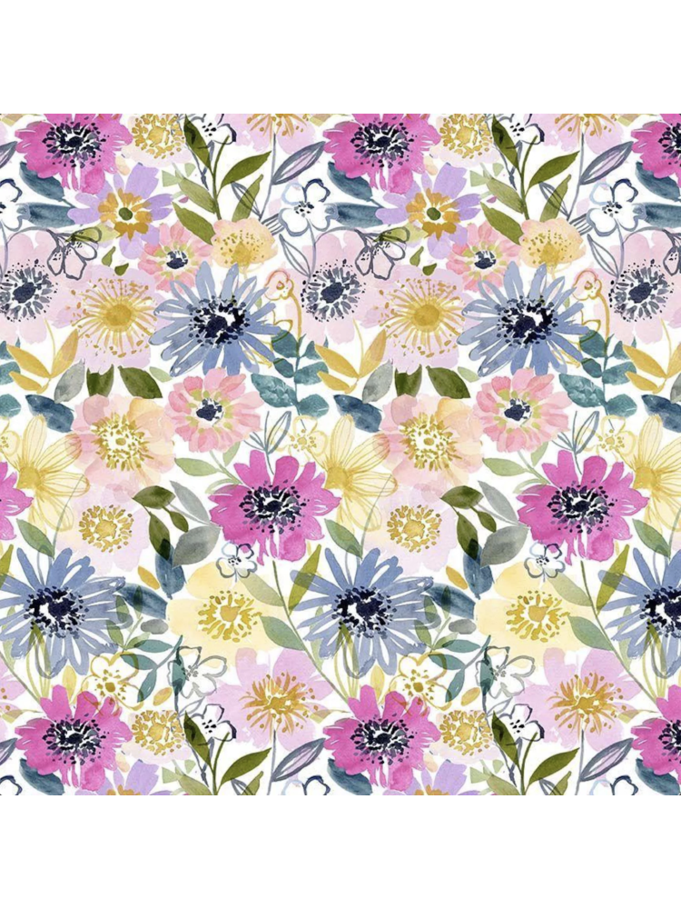 Vibrant watercolor fabric pattern with magenta, purple, and yellow wildflowers and green leaves on a white background.