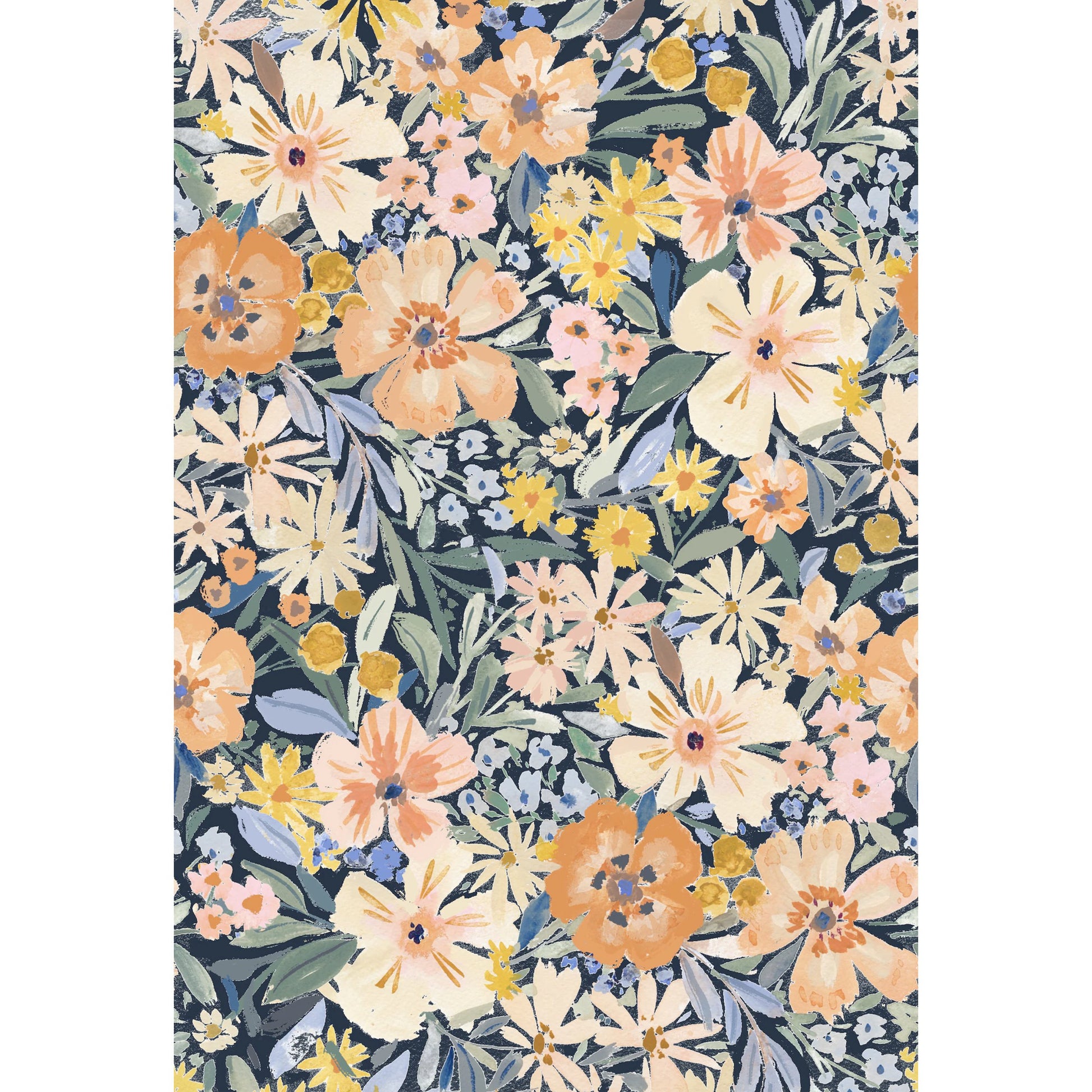 Watercolor fabric pattern with soft apricot, yellow, and pink flowers and green leaves on a white background.