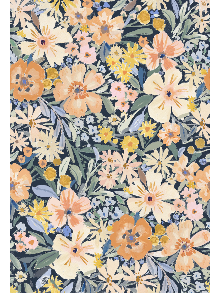 Watercolor fabric pattern with soft apricot, yellow, and pink flowers and green leaves on a white background.