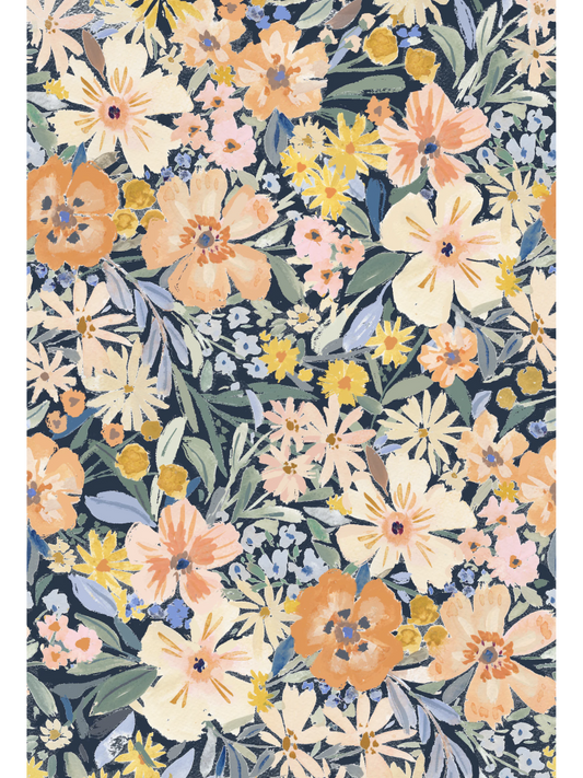 Watercolor fabric pattern with soft apricot, yellow, and pink flowers and green leaves on a white background.