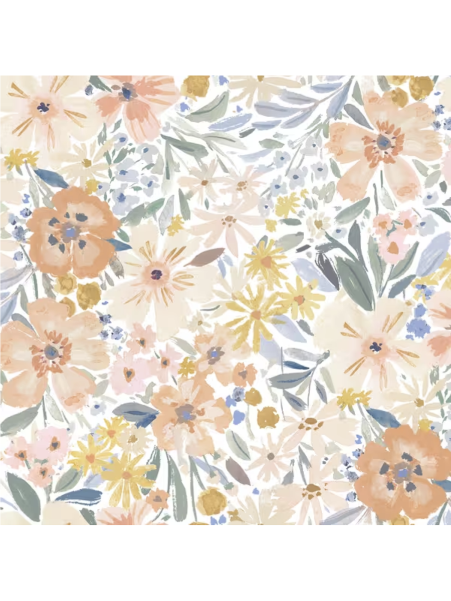 Watercolor fabric pattern with soft apricot, yellow, and pink flowers and green leaves on a white background.