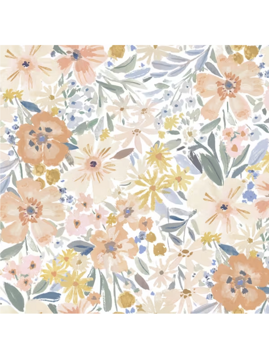Watercolor fabric pattern with soft apricot, yellow, and pink flowers and green leaves on a white background.