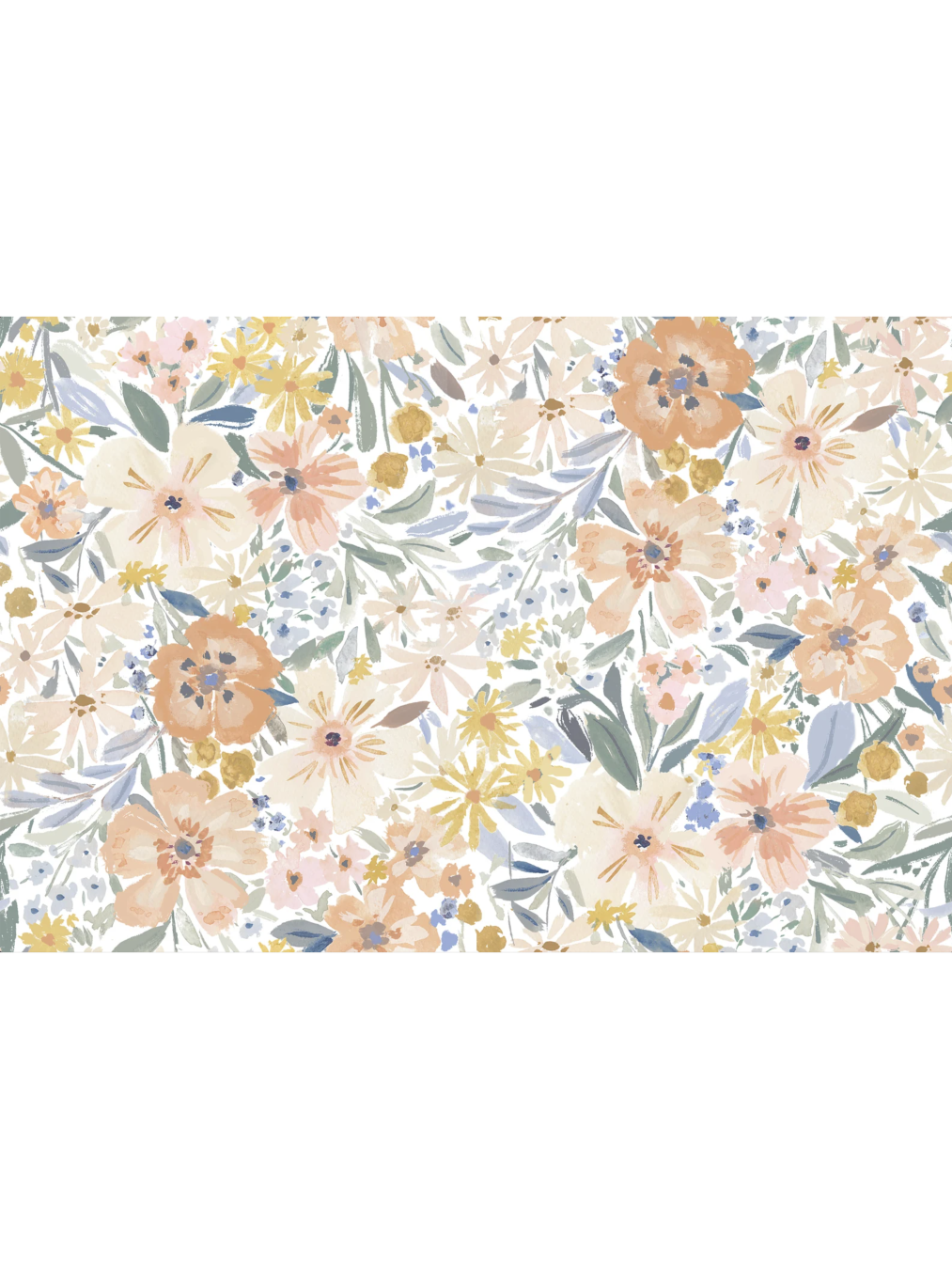 Watercolor fabric pattern with soft apricot, yellow, and pink flowers and green leaves on a white background.