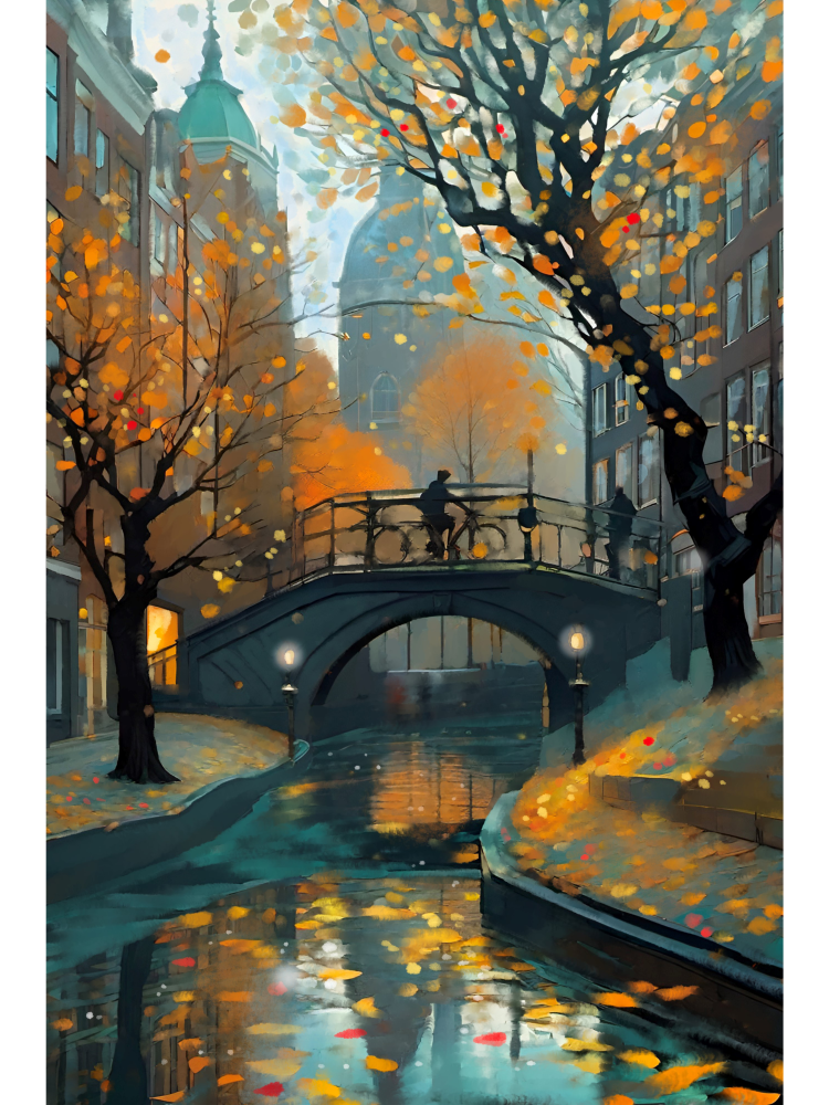 A stylized city canal scene in autumn, with leafless trees, golden falling leaves, a small bridge, and a few silhouetted people standing on and by the water. The artwork uses warm orange, yellow, brown, and blue tones.