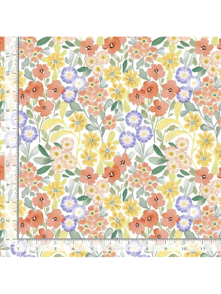 Watercolor fabric pattern featuring small, colorful flowers in yellow, orange, and purple with green leaves on a white background, rulers added for reference.