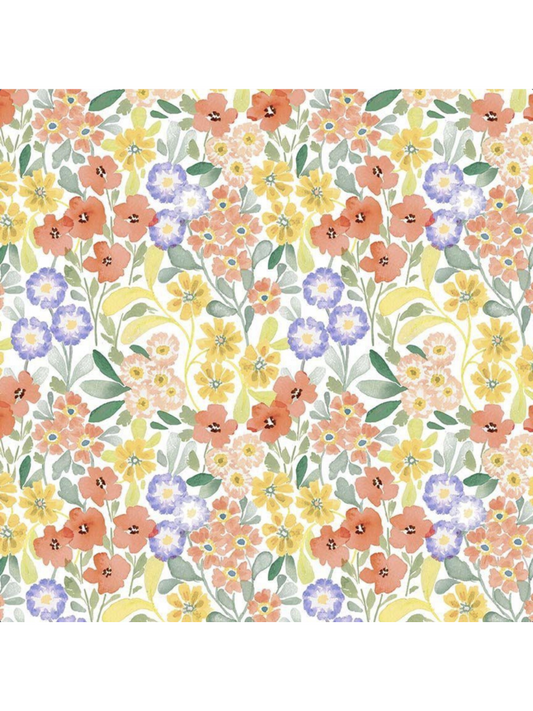 Watercolor fabric pattern featuring small, colorful flowers in yellow, orange, and purple with green leaves on a white background.