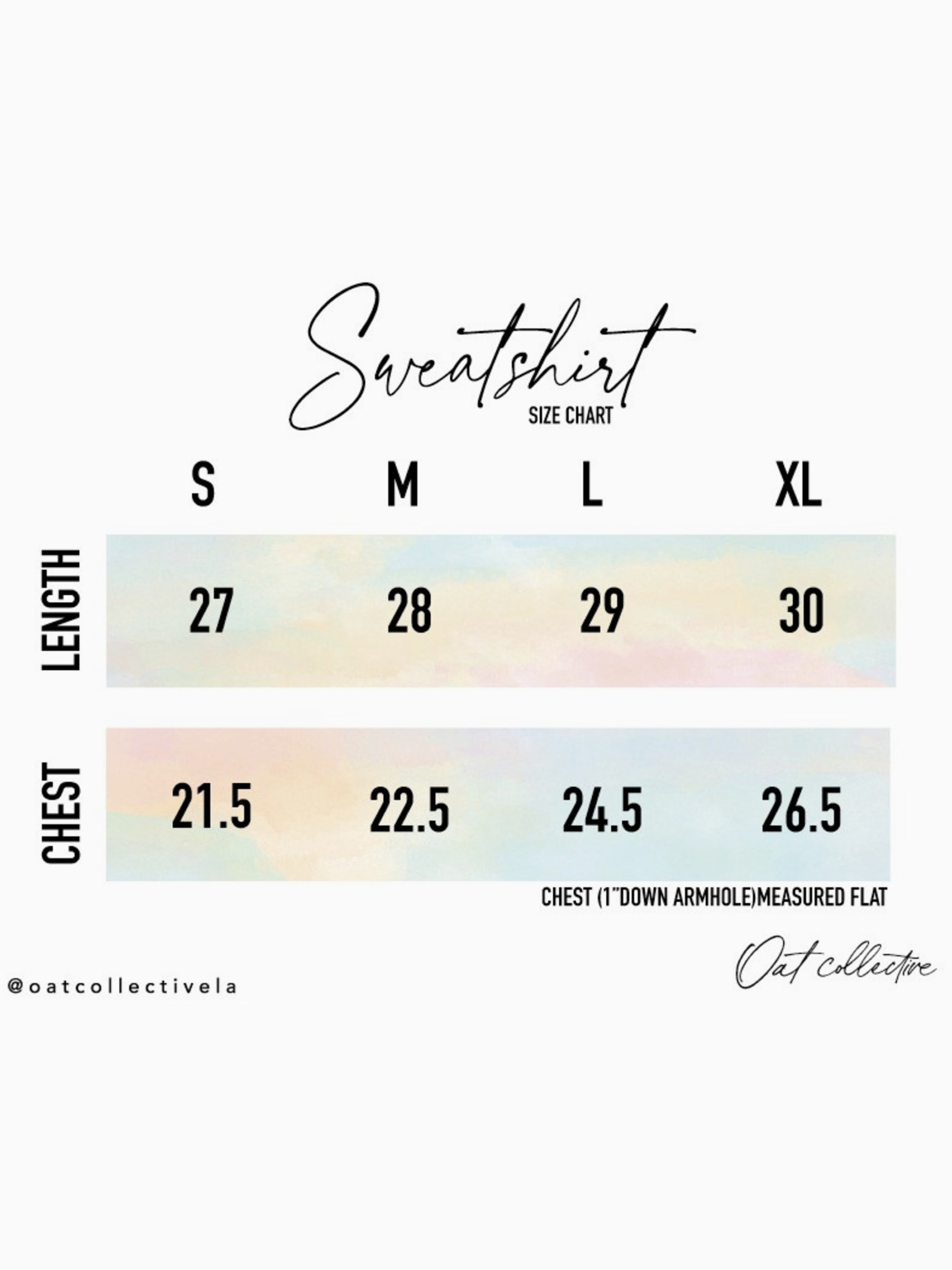Sizes chart for the sweatshirts.