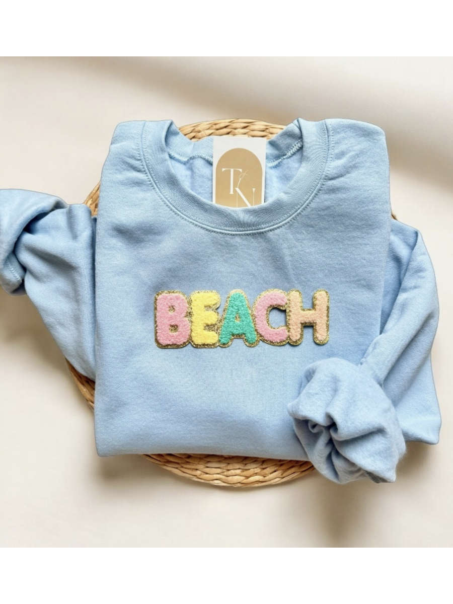 Chenille Patch Beach Sweatshirt on Blue - by Threads And Needles, INC.®