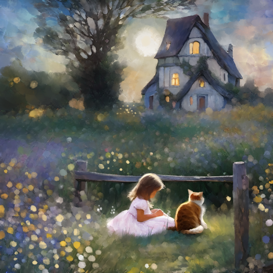 A young girl in a white dress sits on the grass next to an orange and white cat. Both are facing away, looking at a whimsical, fairy-tale house with warm lights glowing from the windows. They are in a field of wildflowers with a wooden fence behind them, all bathed in soft, dreamy light