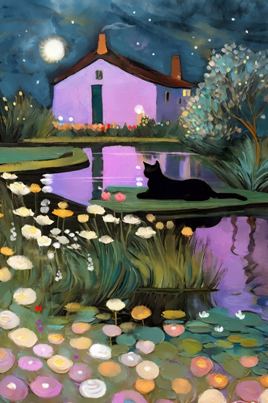 Black Cat Bright Light - Illustrated Print by Thomas Little