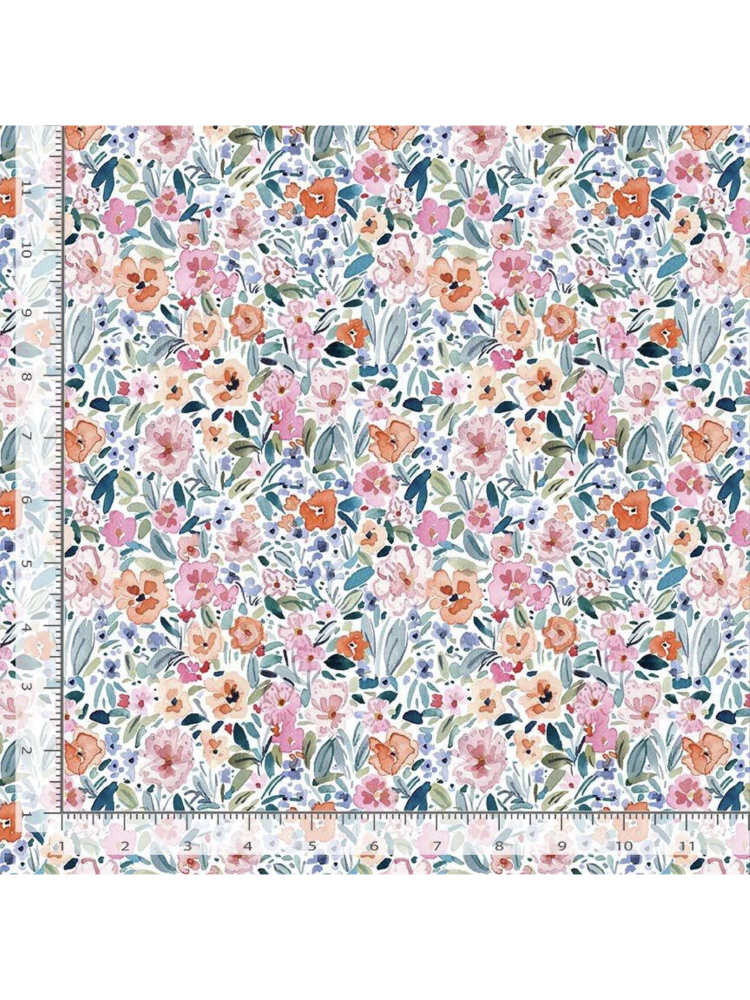 Dainty watercolor fabric pattern featuring small peach, pink, and blue flowers with green leaves on a white background, rulers added for reference.