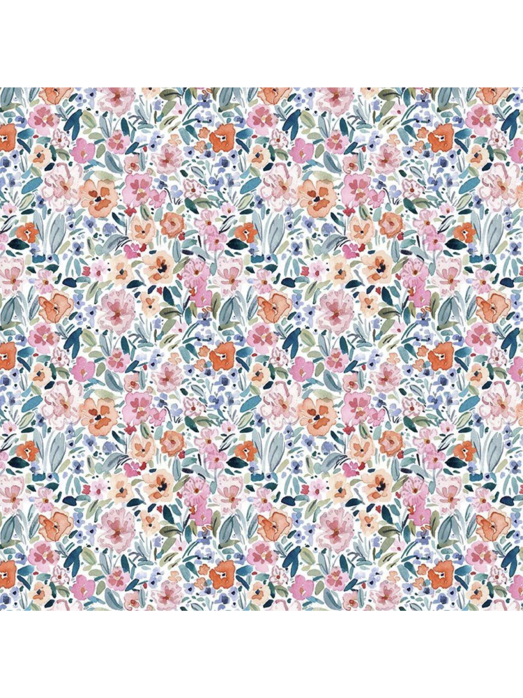Dainty watercolor fabric pattern featuring small peach, pink, and blue flowers with green leaves on a white background.