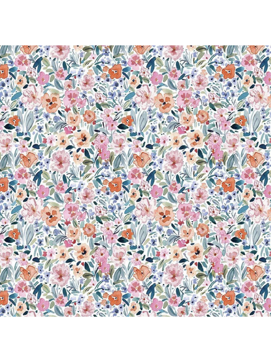 Dainty watercolor fabric pattern featuring small peach, pink, and blue flowers with green leaves on a white background.