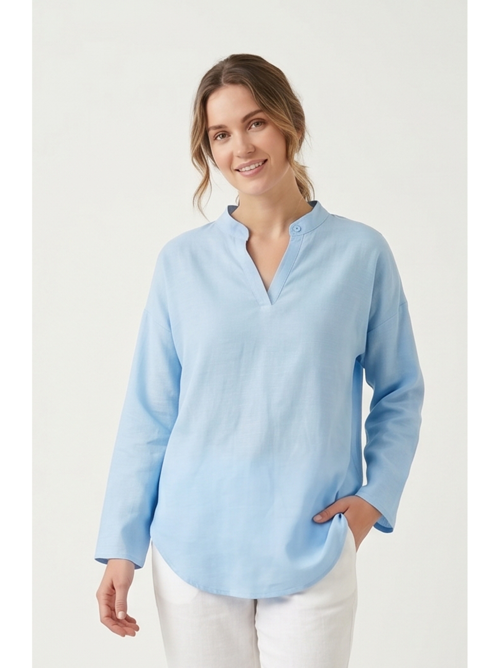 Linen Long Sleeve Casual V Neck Top Blouse - by Ninexis®