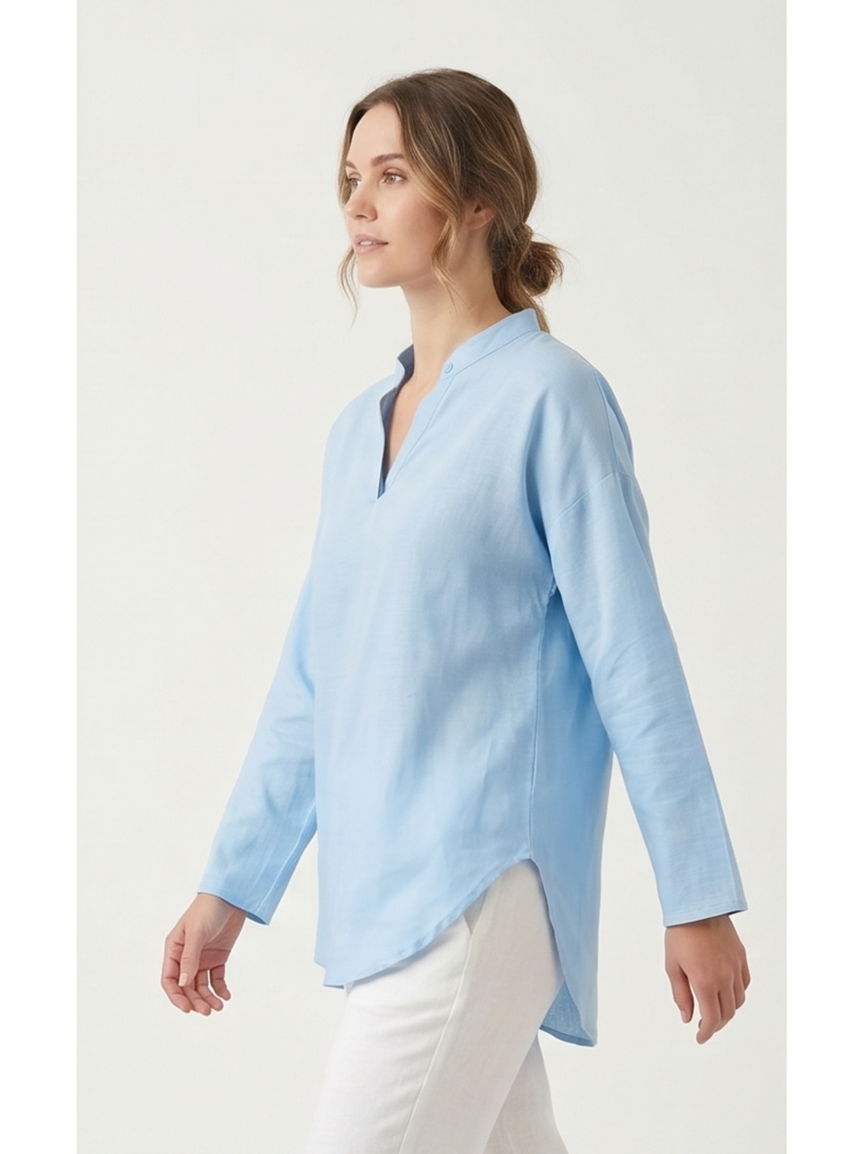 Linen Long Sleeve Casual V Neck Top Blouse - by Ninexis®