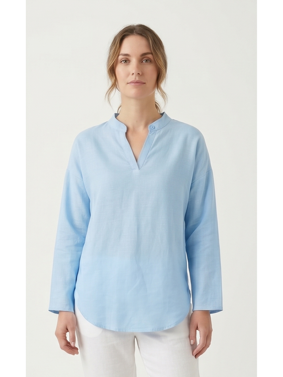 Linen Long Sleeve Casual V Neck Top Blouse - by Ninexis®