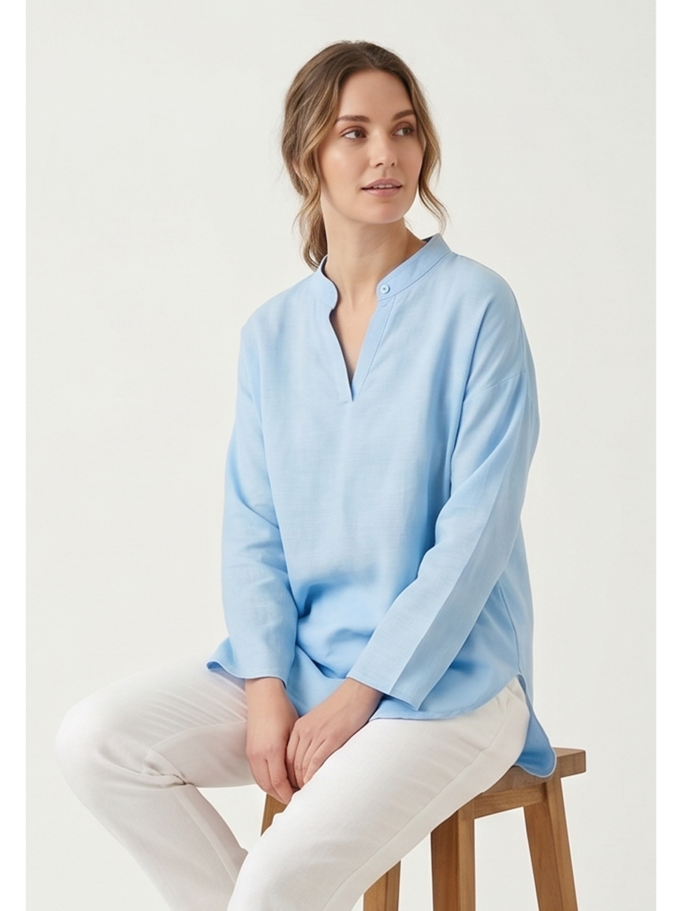 Linen Long Sleeve Casual V Neck Top Blouse - by Ninexis®
