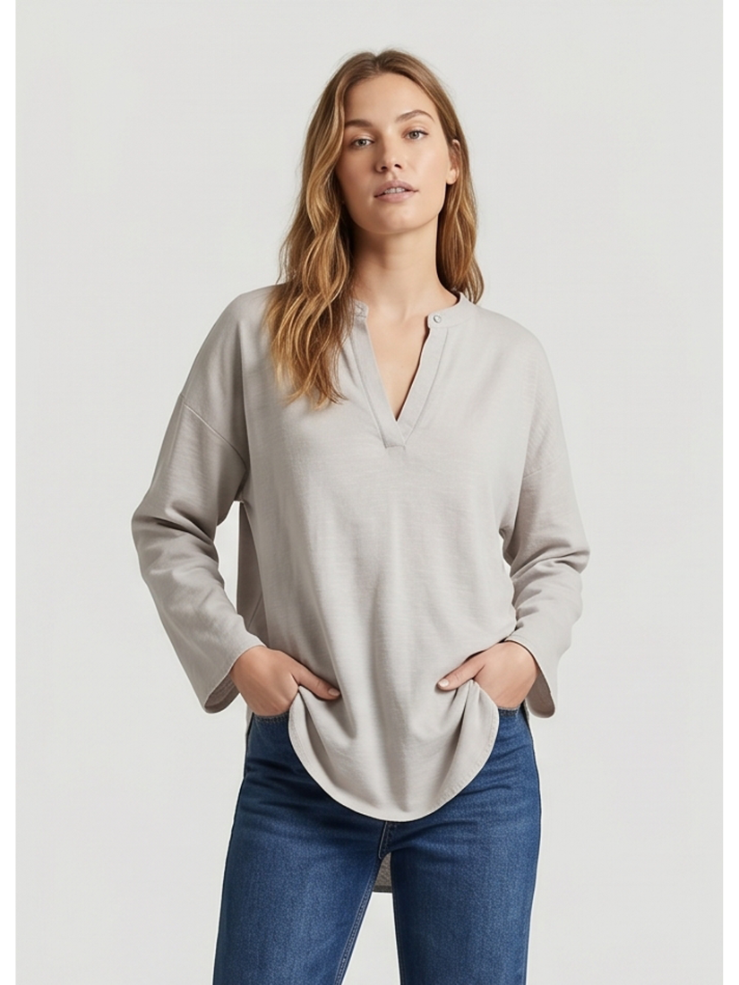 Linen Long Sleeve Casual V Neck Top Blouse - by Ninexis®