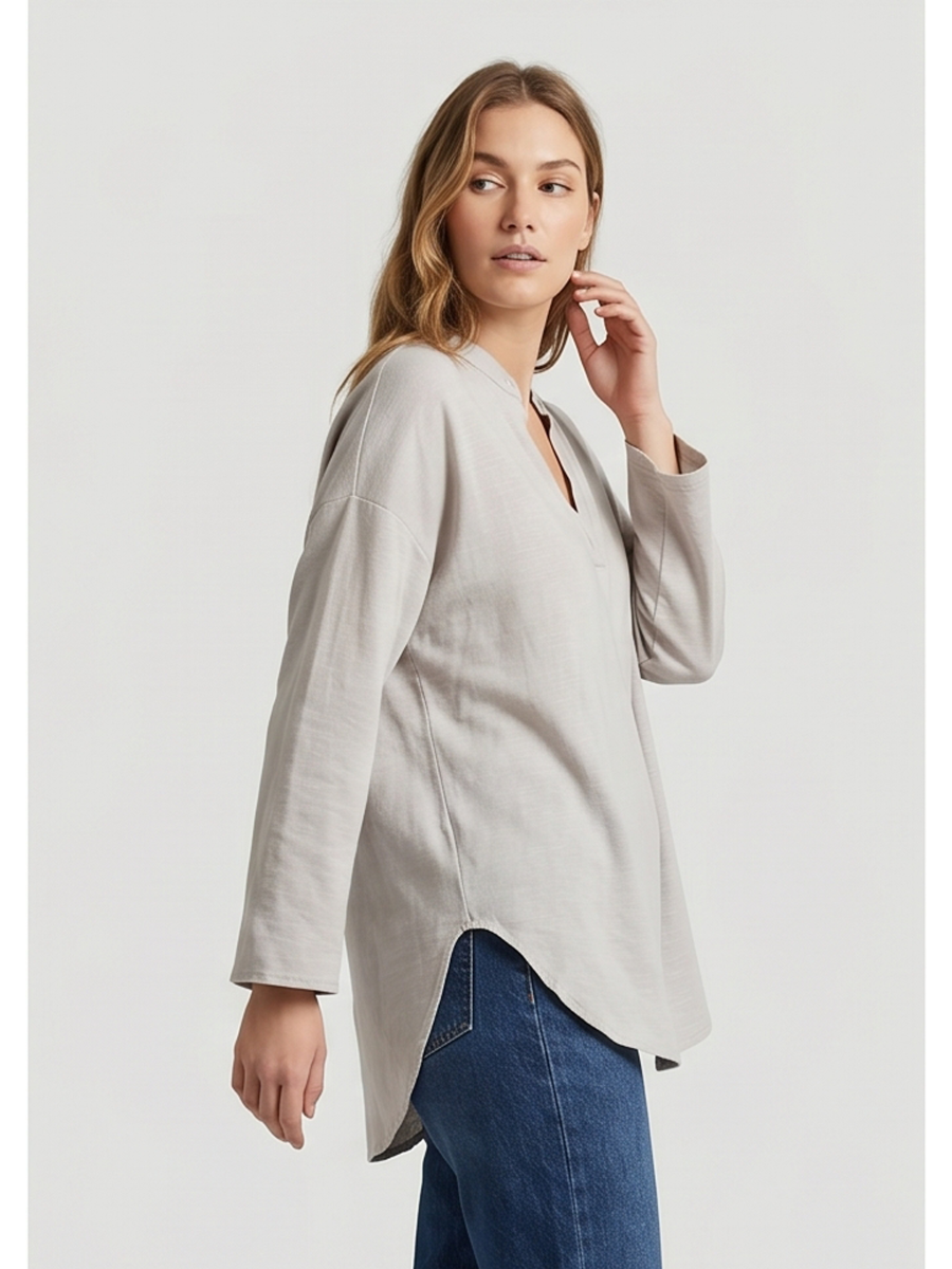 Linen Long Sleeve Casual V Neck Top Blouse - by Ninexis®
