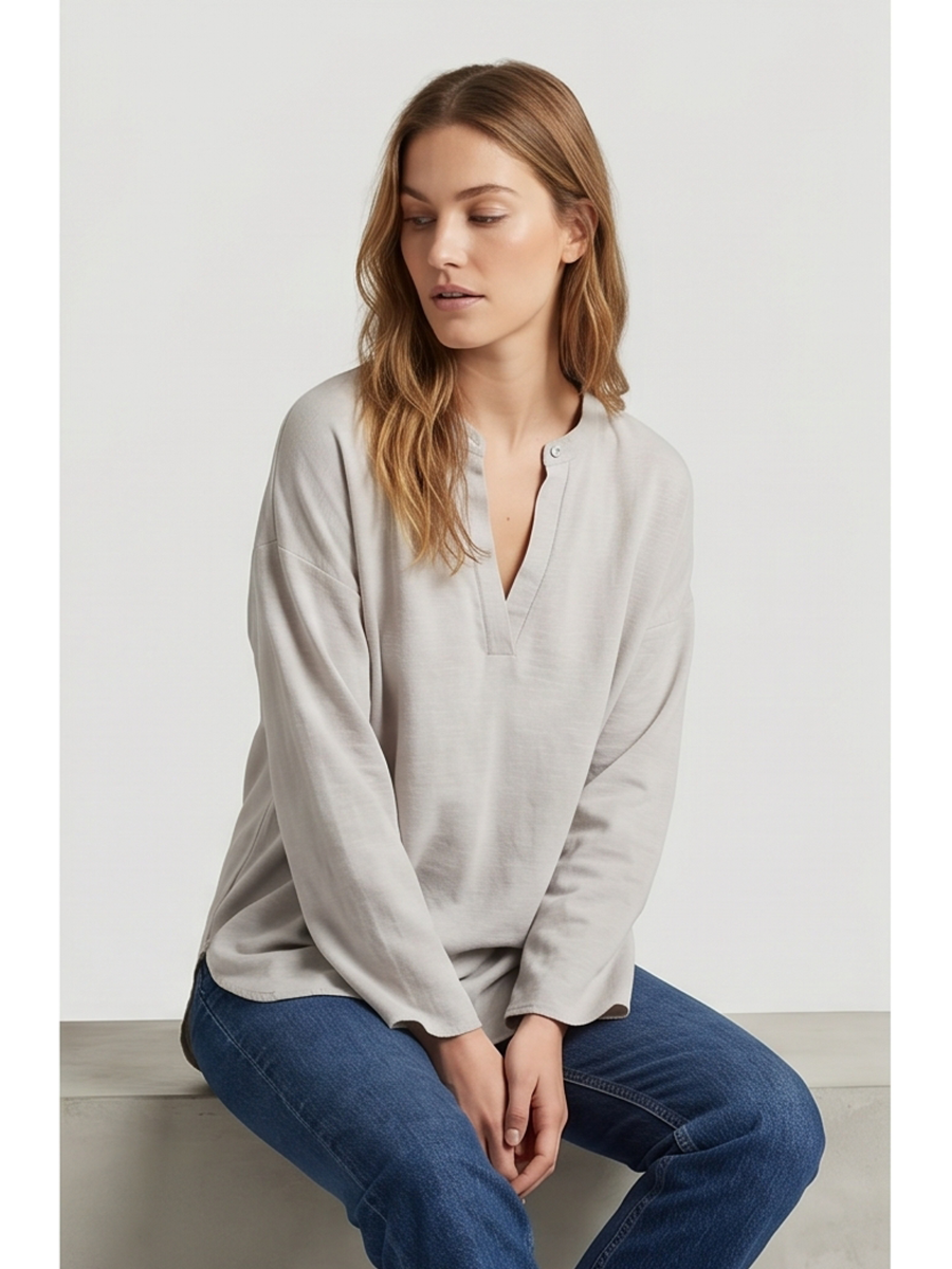 Linen Long Sleeve Casual V Neck Top Blouse - by Ninexis®