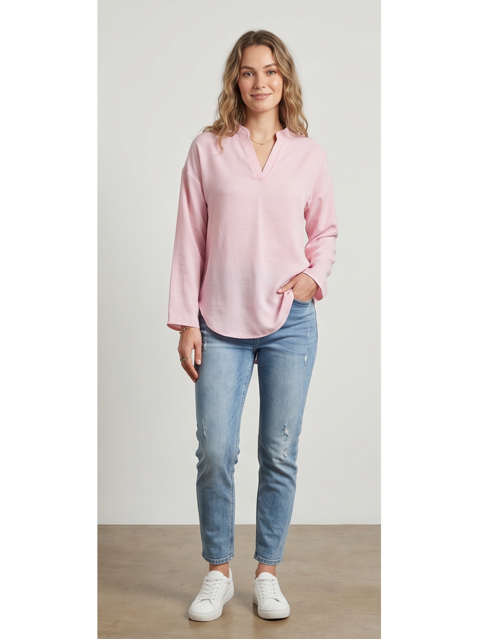 Linen Long Sleeve Casual V Neck Top Blouse - by Ninexis®