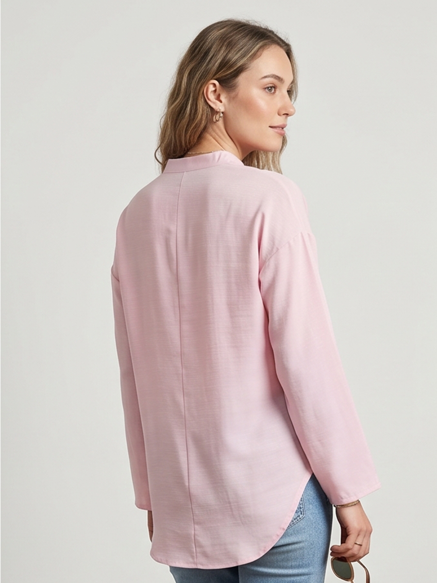 Linen Long Sleeve Casual V Neck Top Blouse - by Ninexis®