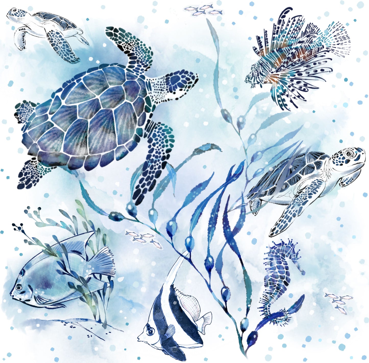 Blue Turtles - Little Ocean Blue Studio - Fabric By The Yard - 100% Cotton - CD1298