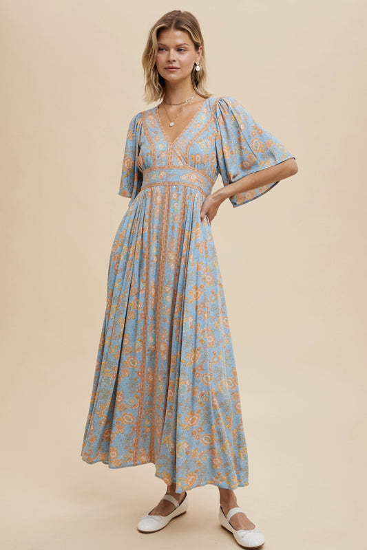 Border Print Flutter Sleeve Maxi (Dusty Blue color) - By In Loom