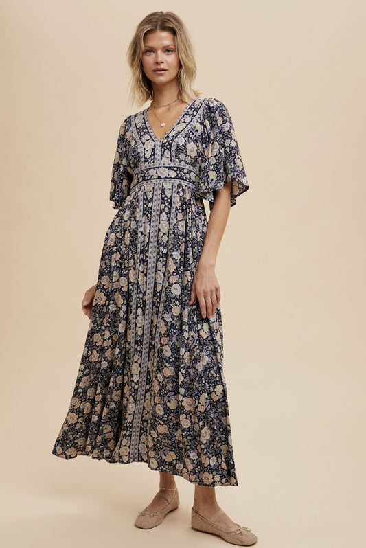 Border Print Flutter Sleeve Maxi (Midnight color) - By In Loom