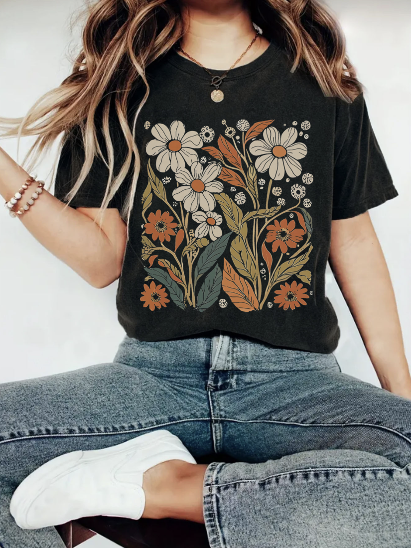 Botanical Floral Wildflower Short Sleeve Basic T-Shirt -by Rosa Clothing®