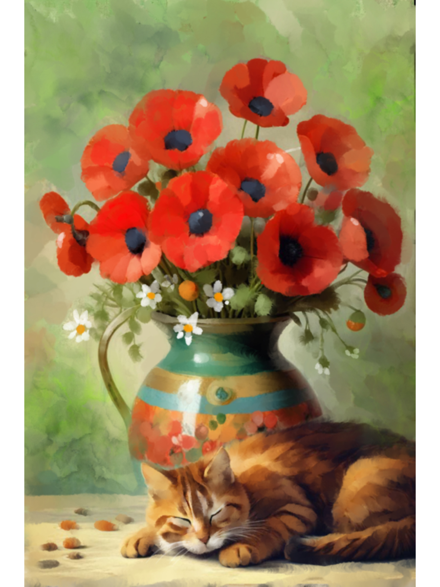 Cat lying next to a vase of red flowers with a green background