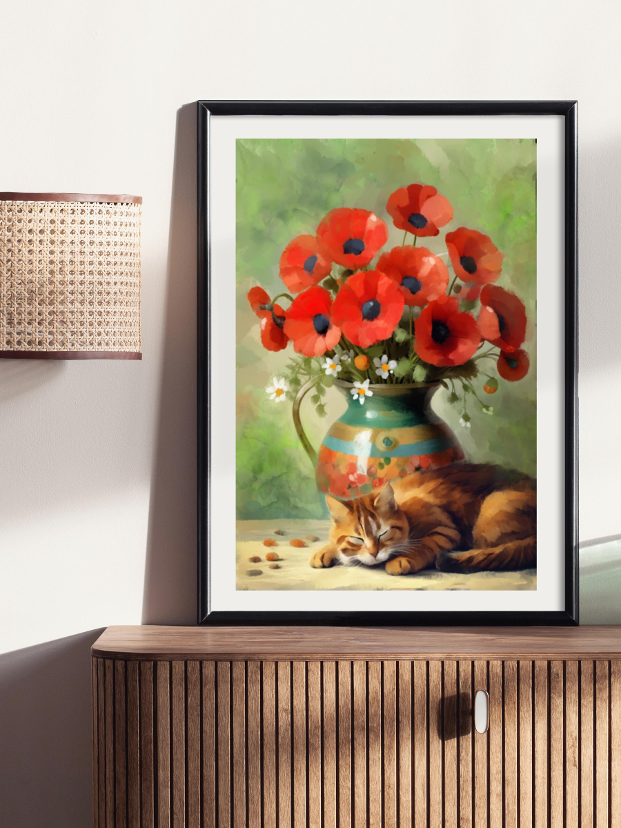 Framed artwork of a cat and flowers on a wooden surface
