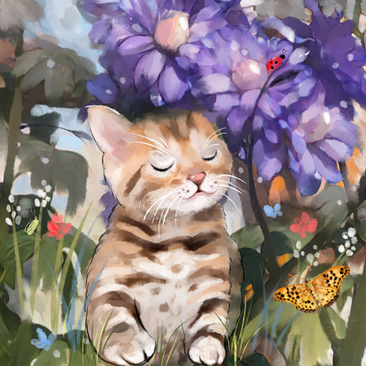 Catnap Under the Flowers - Illustrated Print by Thomas Little