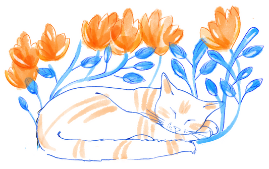 Cat With Orange Flowers - Illustrated Print by Thomas Little