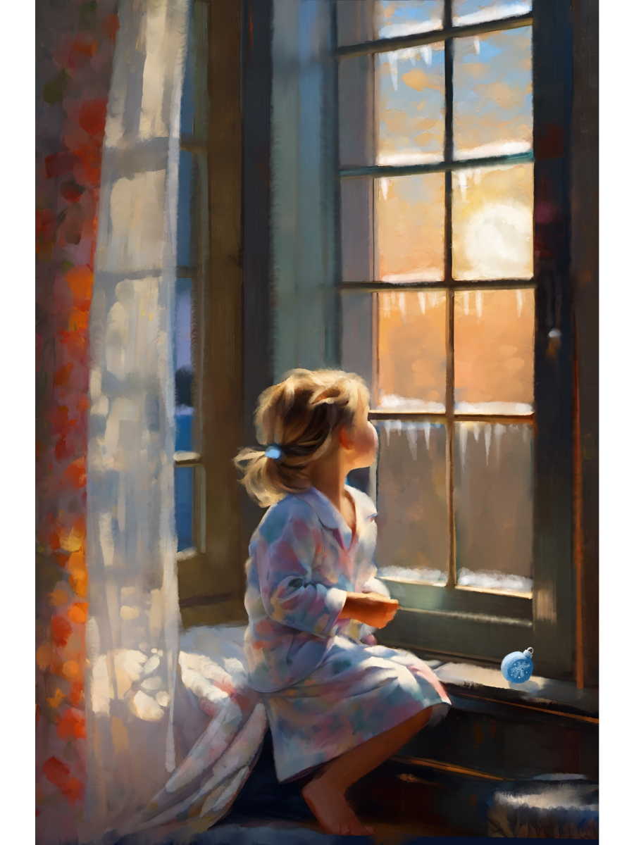 A young girl in pajamas sits by an icy window, looking out at the morning sun. A blue ornament sits on the windowsill in a cozy, painted style.