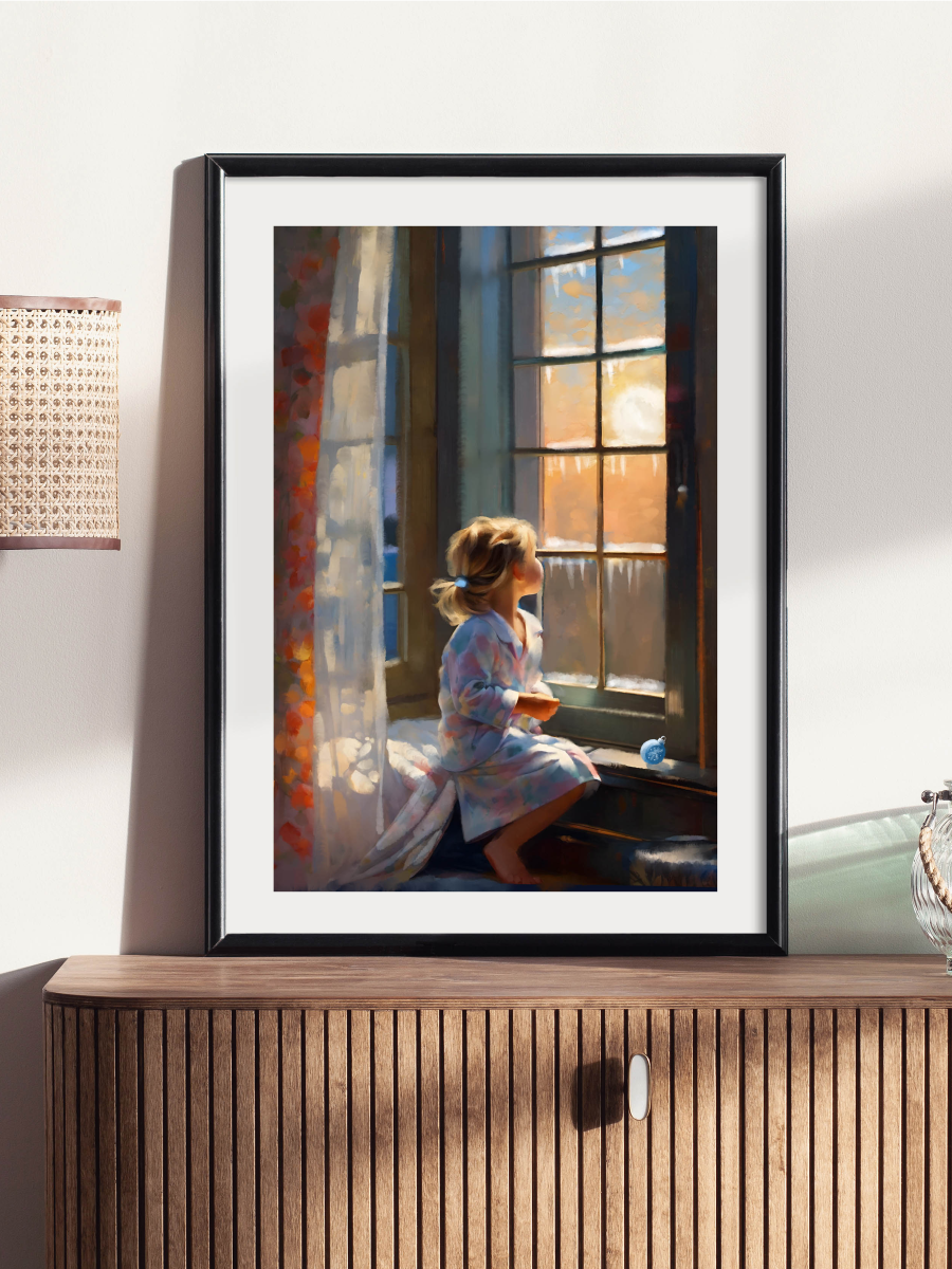 Framed artwork of a woman sitting by a window on a wooden cabinet. Mockup sample for reference on shopping.
