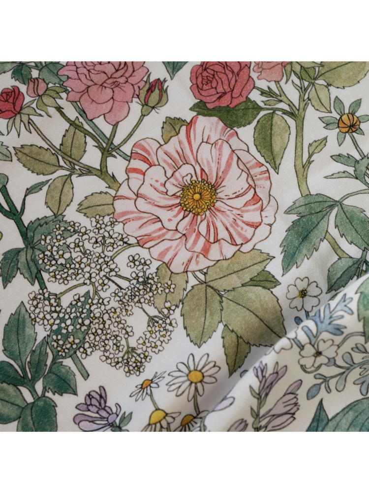 Floral tea towel pattern with pink roses and green leaves on a white background