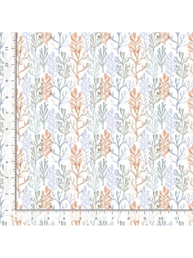 Intricate fabric pattern of blue branching coral and sea fans on a crisp white background, perfect for coastal-themed sewing and decor, rulers added for reference.