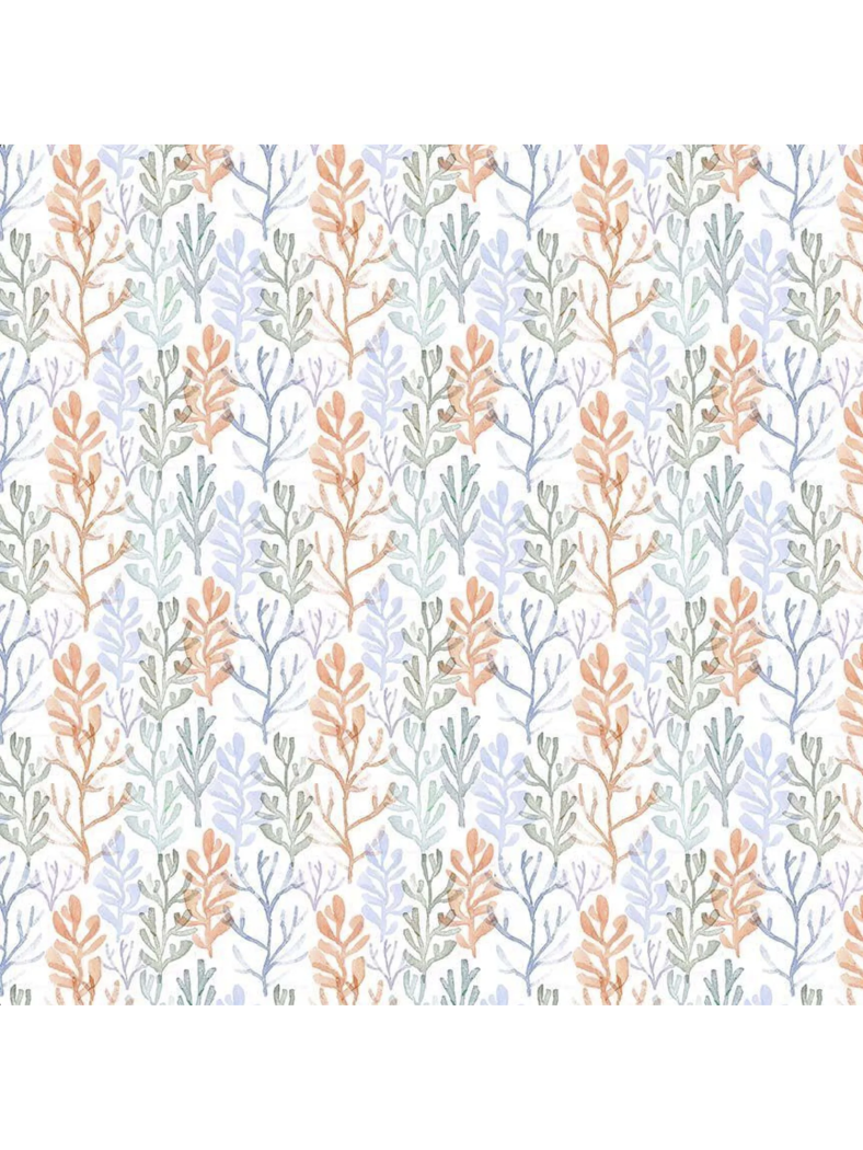 Intricate fabric pattern of blue branching coral and sea fans on a crisp white background, perfect for coastal-themed sewing and decor.