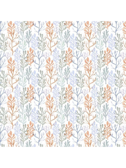 Intricate fabric pattern of blue branching coral and sea fans on a crisp white background, perfect for coastal-themed sewing and decor.