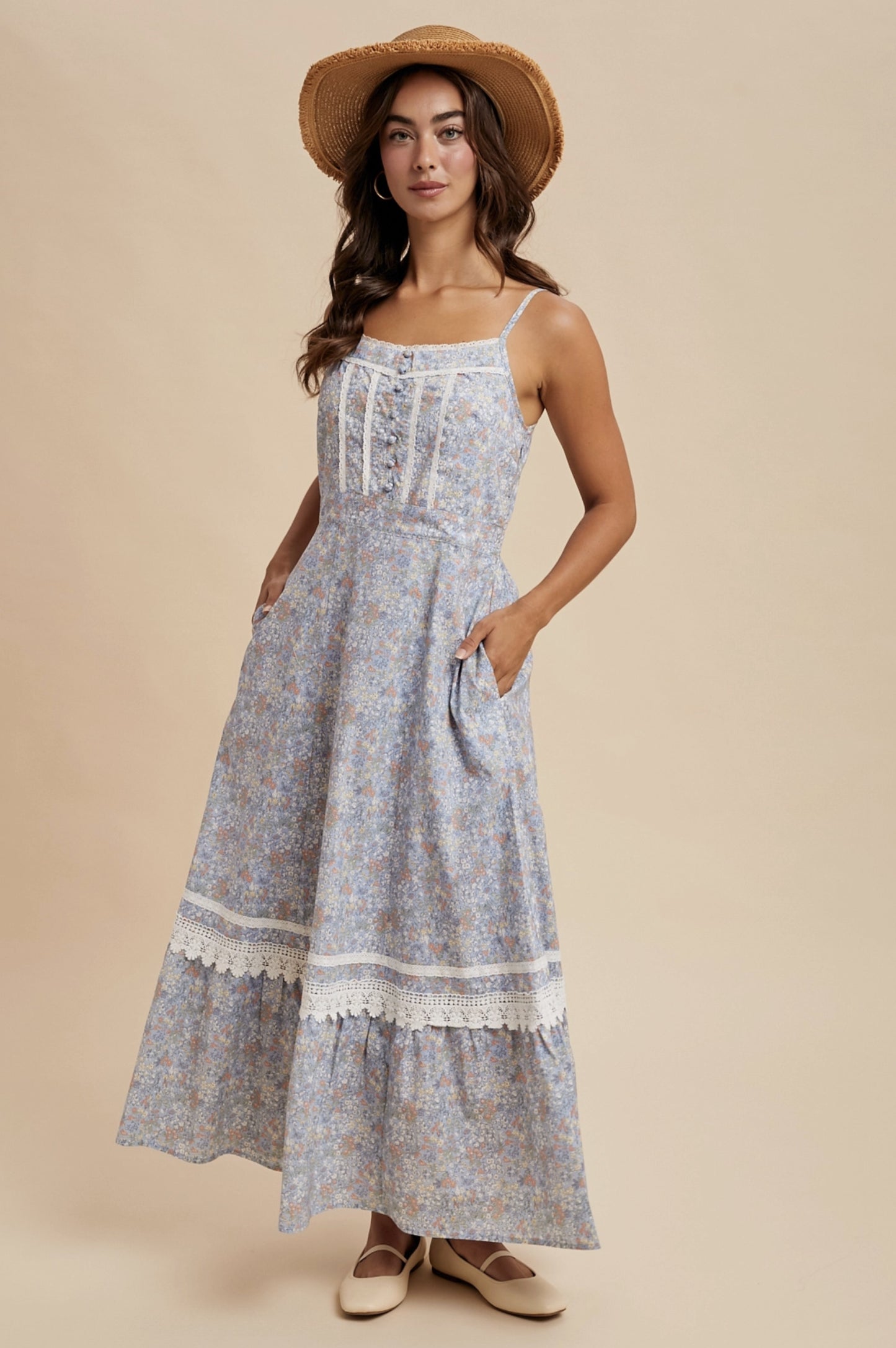 Cotton Floral Lace Trim Maxi Dress - Dusty Blue - By In Loom®