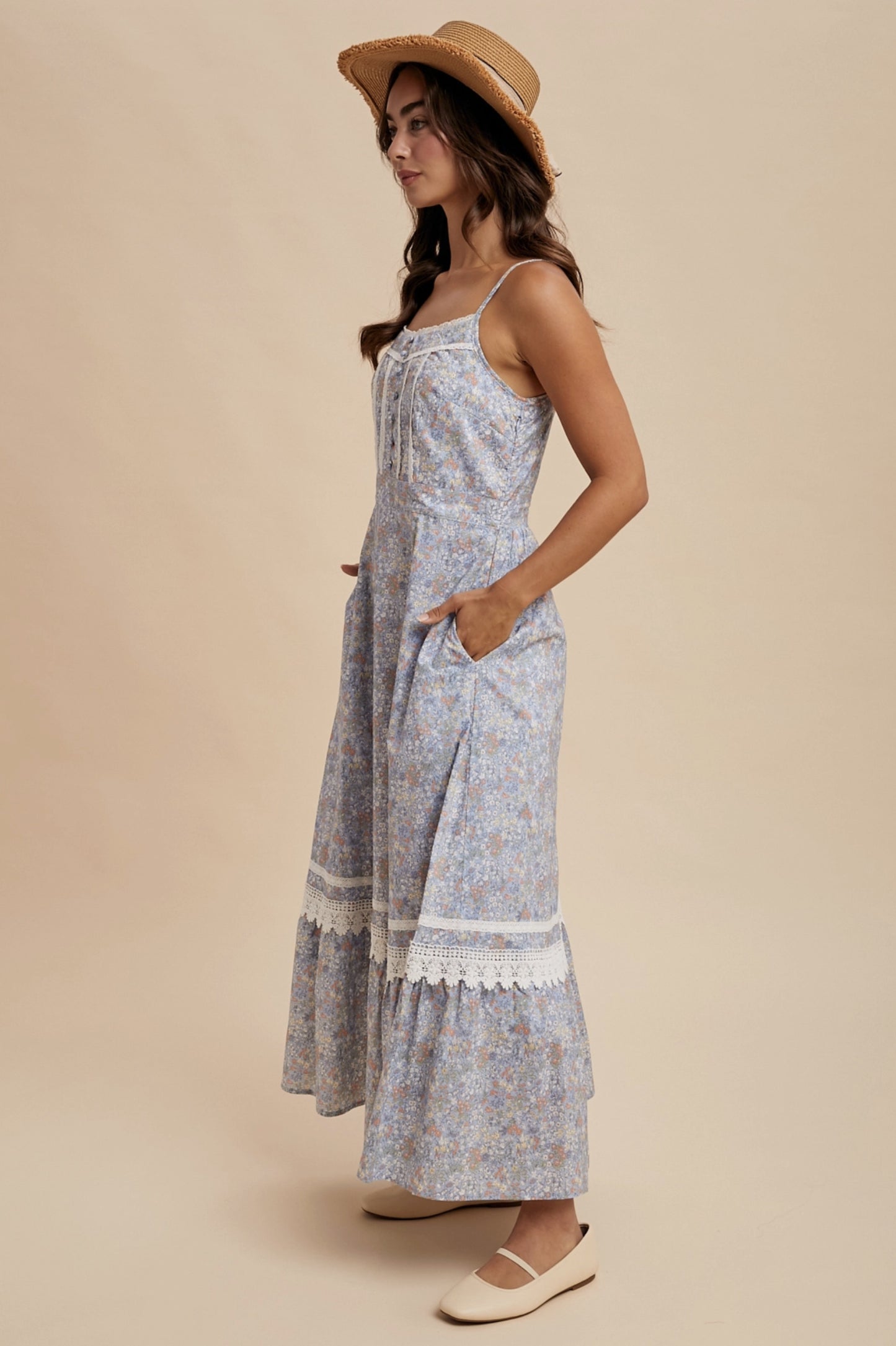 Cotton Floral Lace Trim Maxi Dress - Dusty Blue - By In Loom®