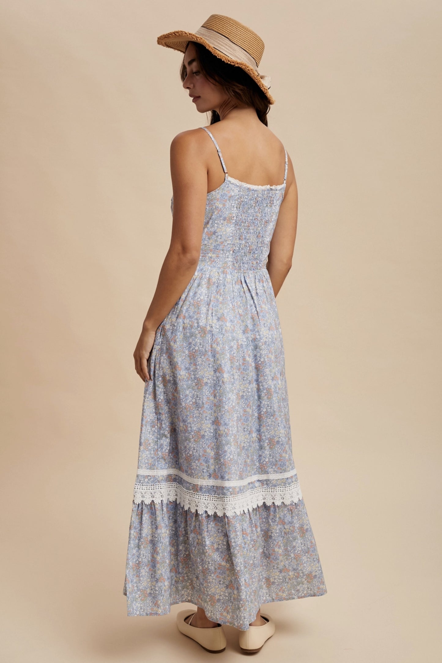 Cotton Floral Lace Trim Maxi Dress - Dusty Blue - By In Loom®