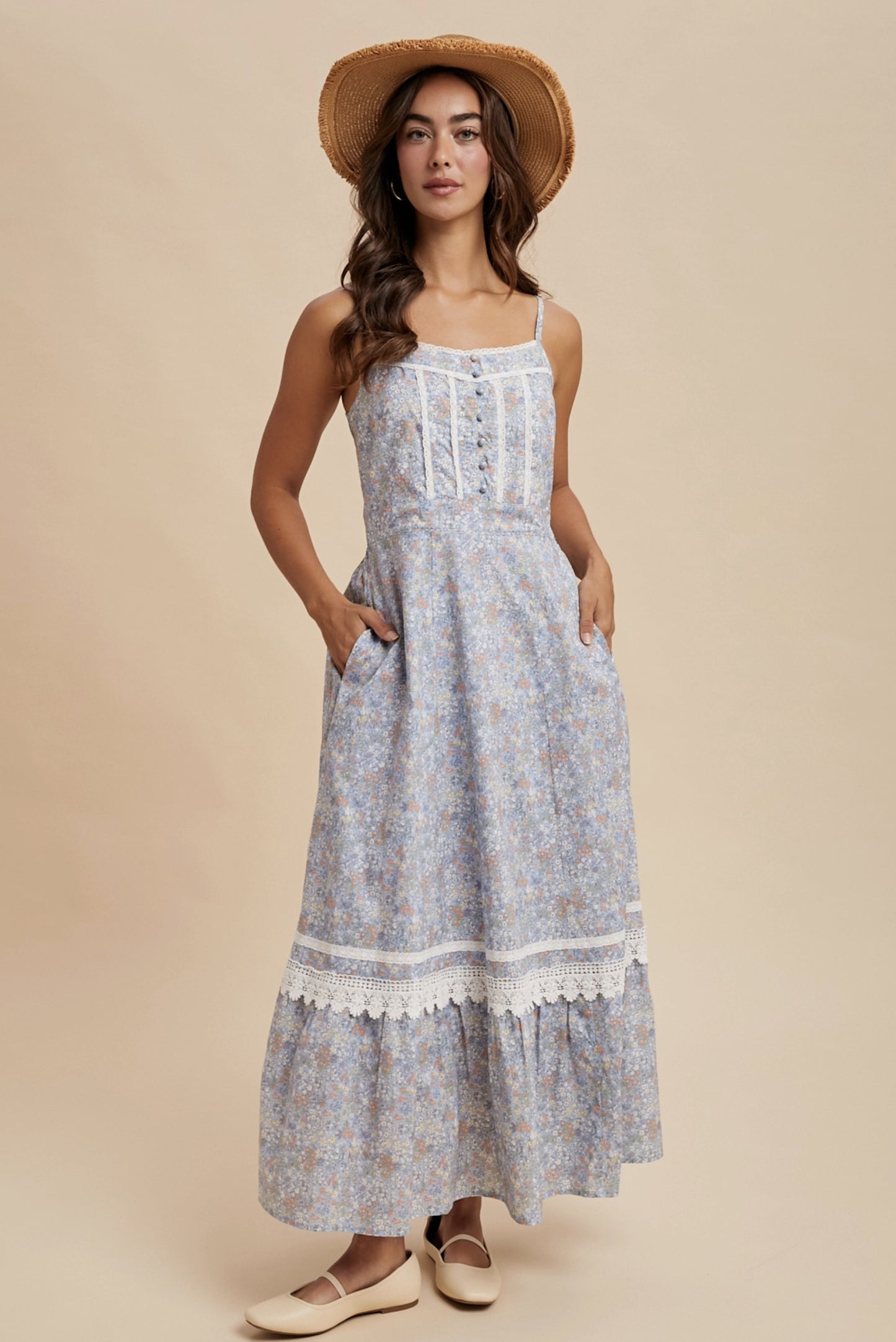 Cotton Floral Lace Trim Maxi Dress - Dusty Blue - By In Loom®