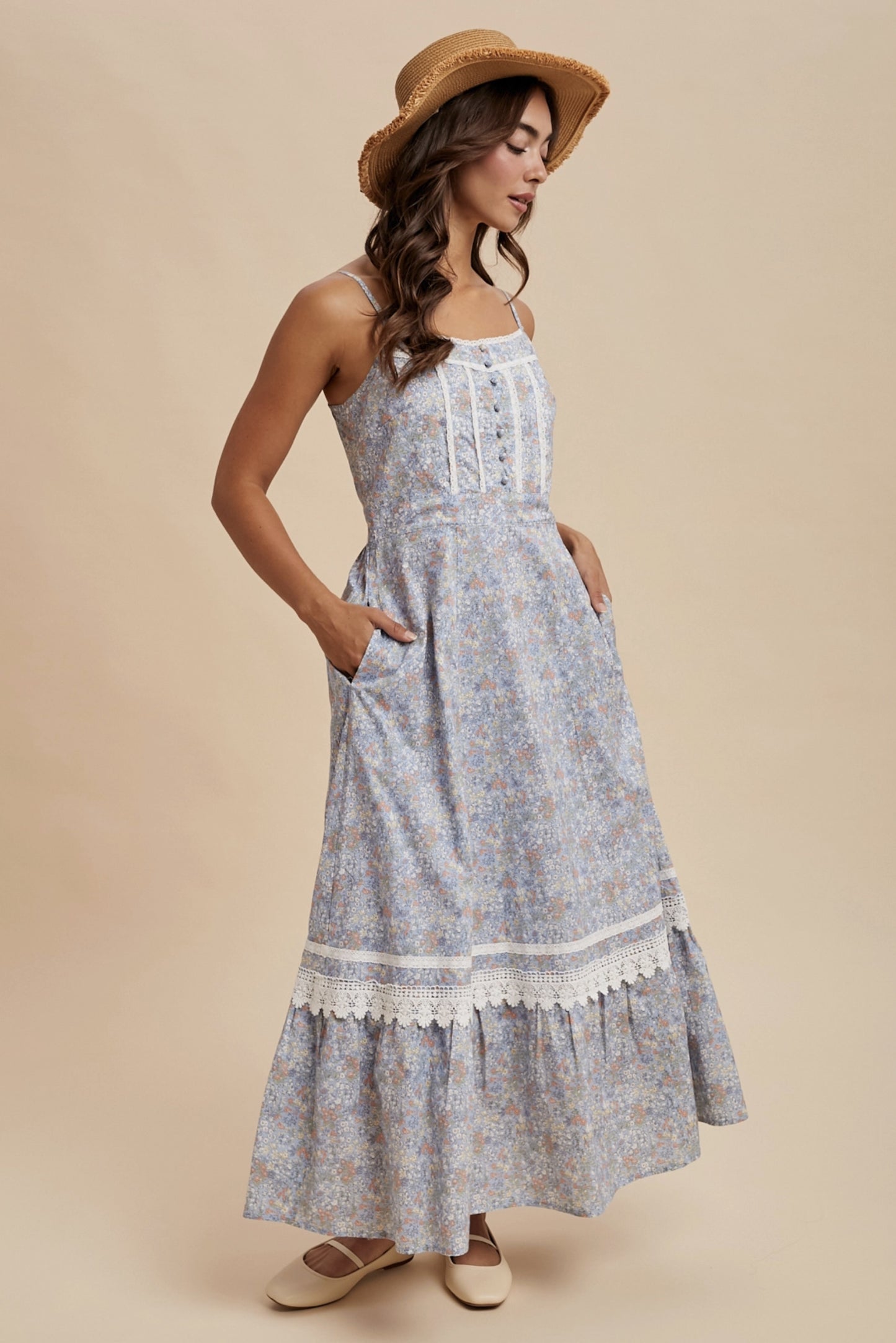 Cotton Floral Lace Trim Maxi Dress - Dusty Blue - By In Loom®