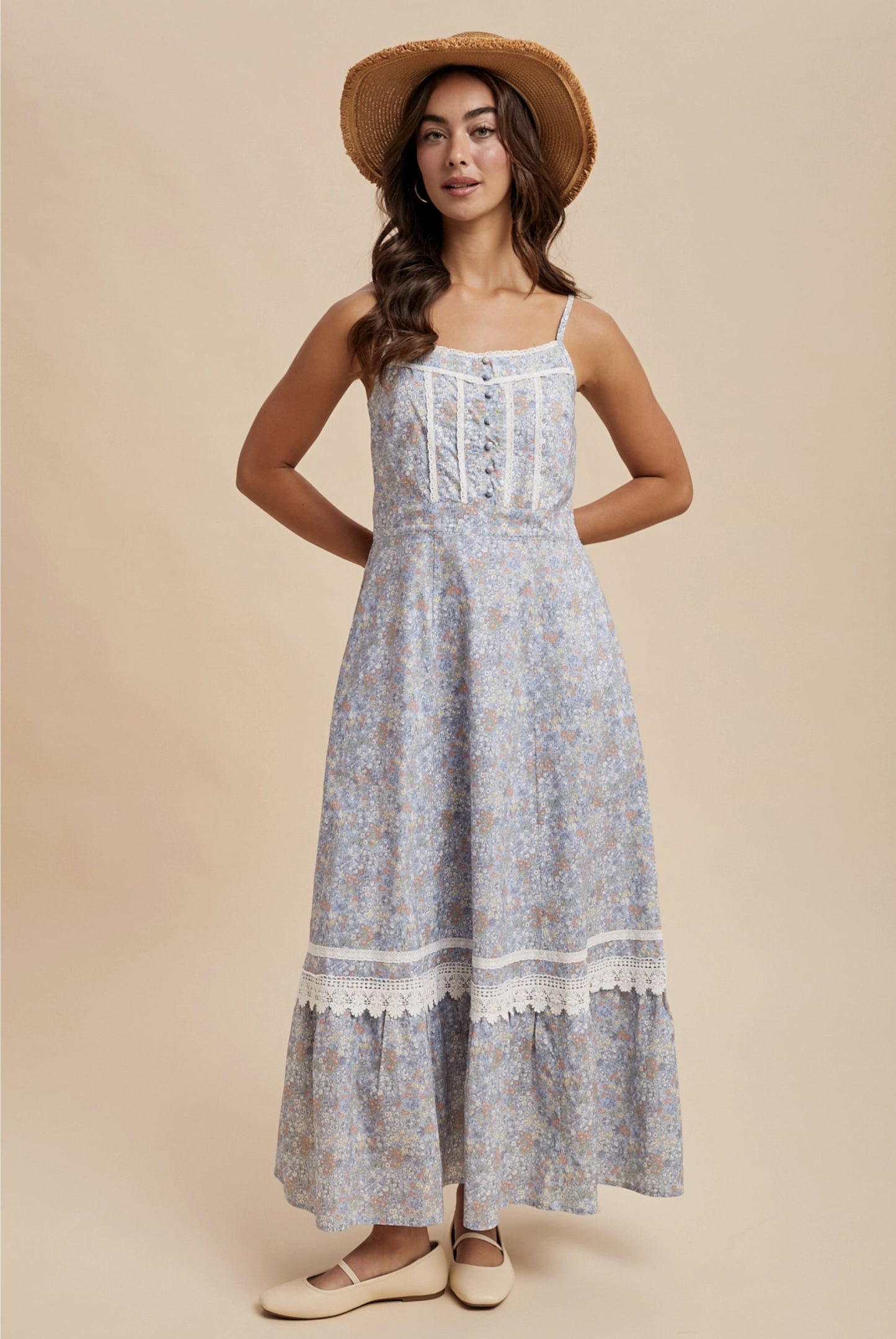 Cotton Floral Lace Trim Maxi Dress - Dusty Blue - By In Loom®