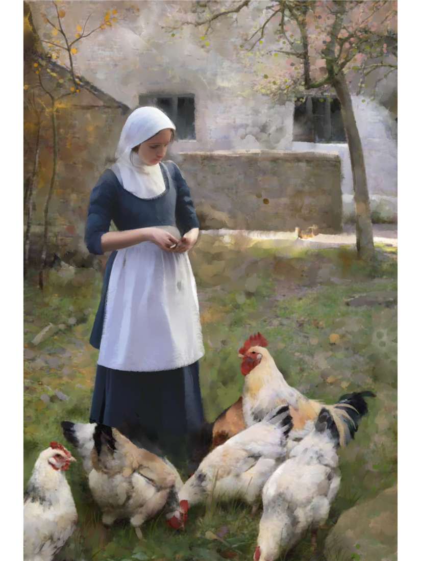 Painterly print of woman feeding chickens in farmyard with rustic textures, an artisanal slow-living style by @thomas.little.design.
