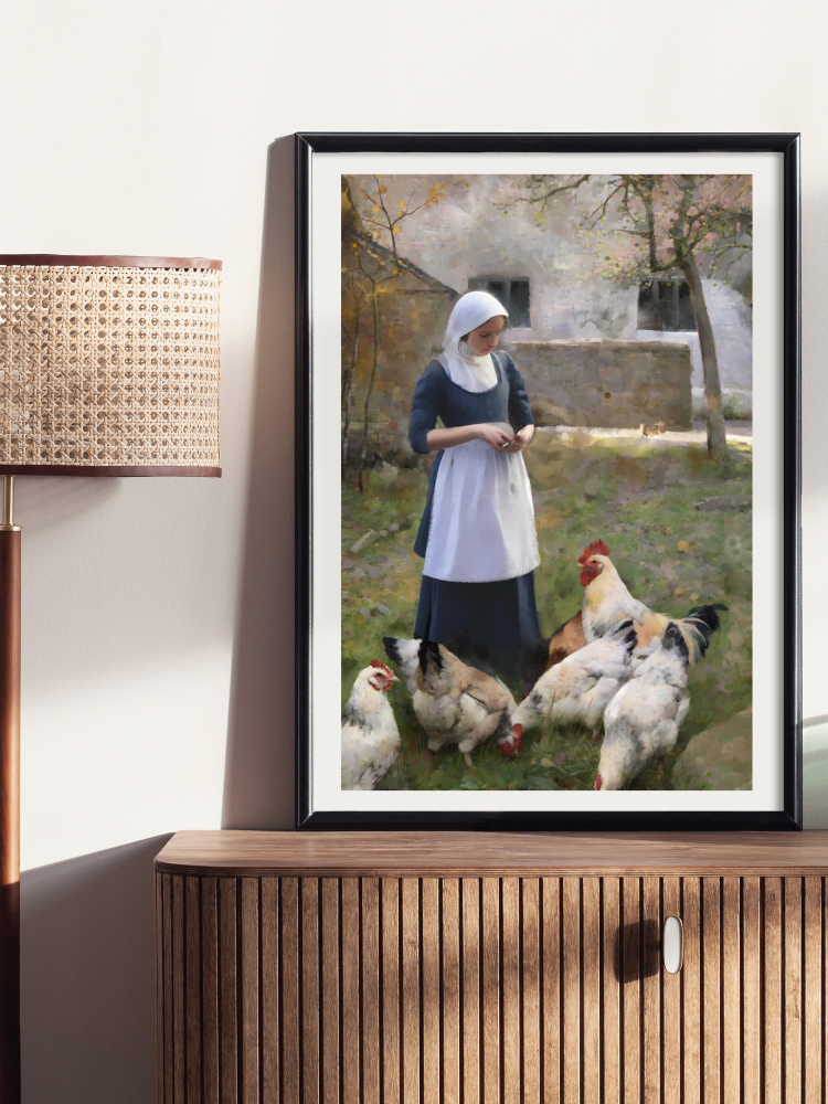 Framed mockup of Painterly print of woman feeding chickens in farmyard with rustic textures, an artisanal slow-living style by @thomas.little.design.