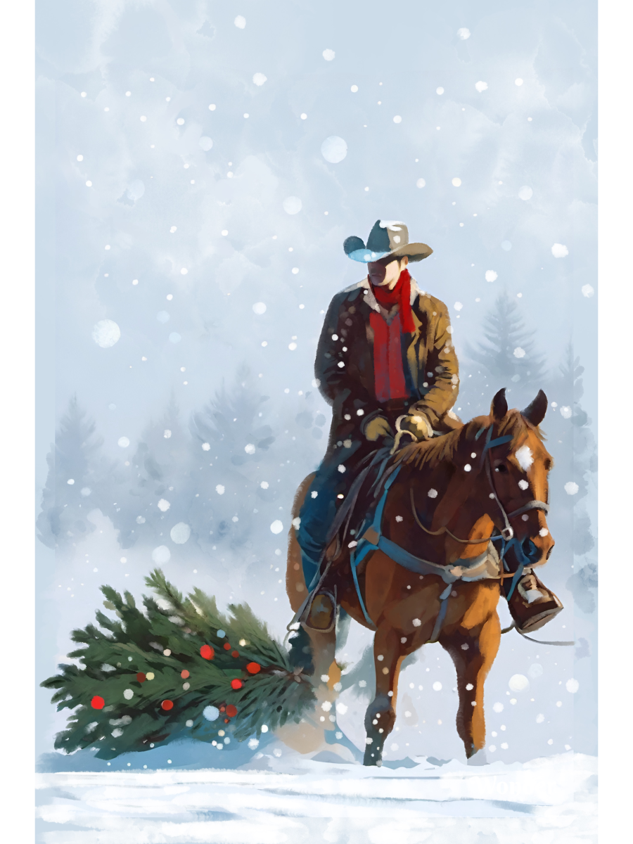 A painterly illustration of a cowboy on a brown horse dragging a decorated Christmas tree through a snowy forest during a light snowfall.